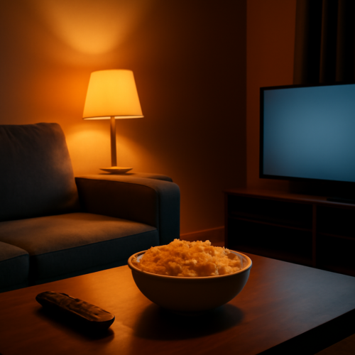 Ruang keluarga dengan televisi menyala dan semangkuk popcorn untuk menonton film horor