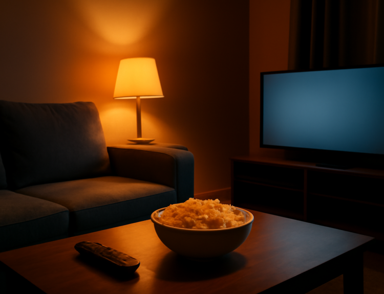 Ruang keluarga dengan televisi menyala dan semangkuk popcorn untuk menonton film horor