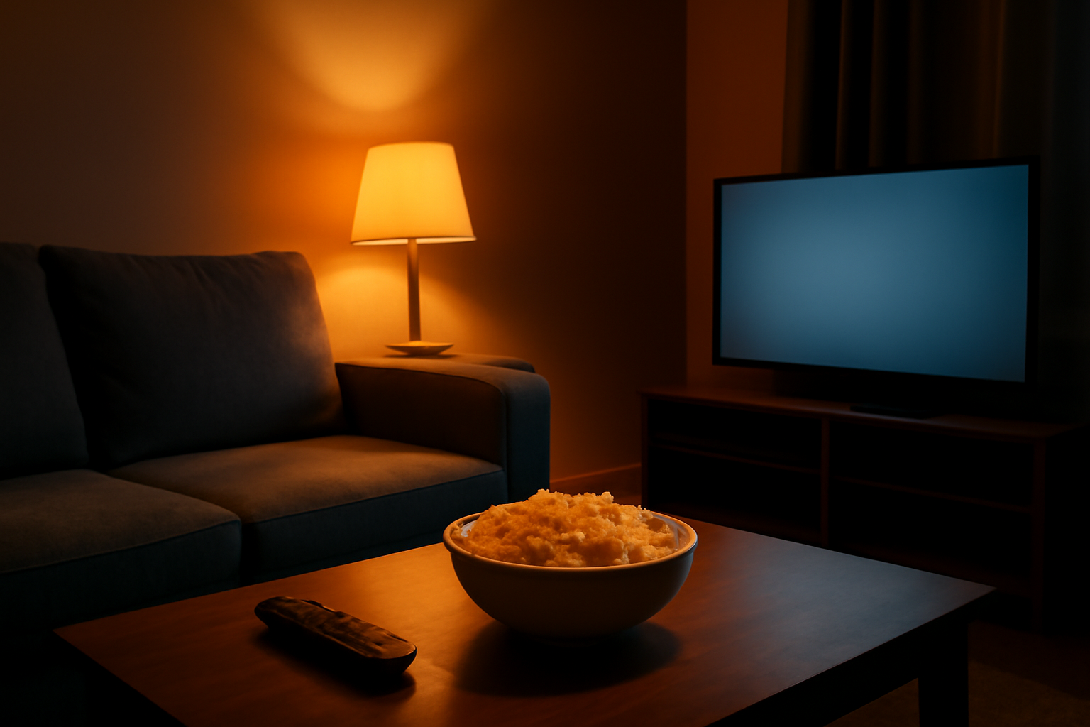 Ruang keluarga dengan televisi menyala dan semangkuk popcorn untuk menonton film horor