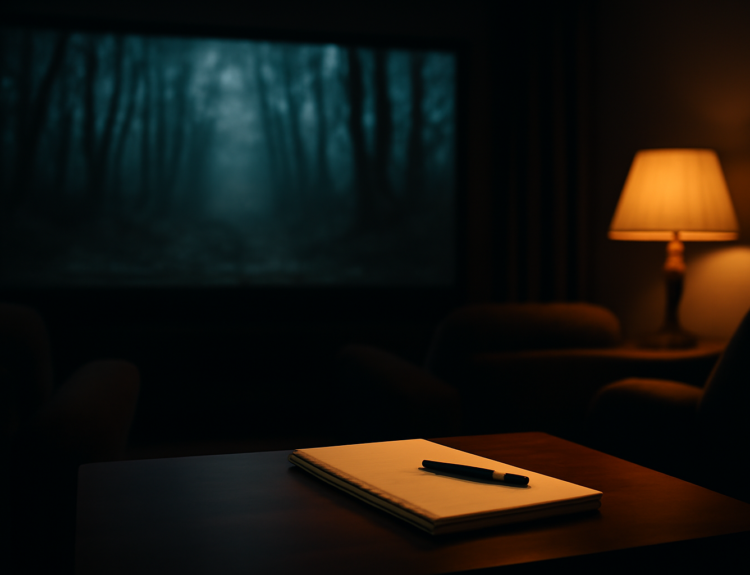 Ruangan menonton film horor dengan buku catatan untuk menulis review