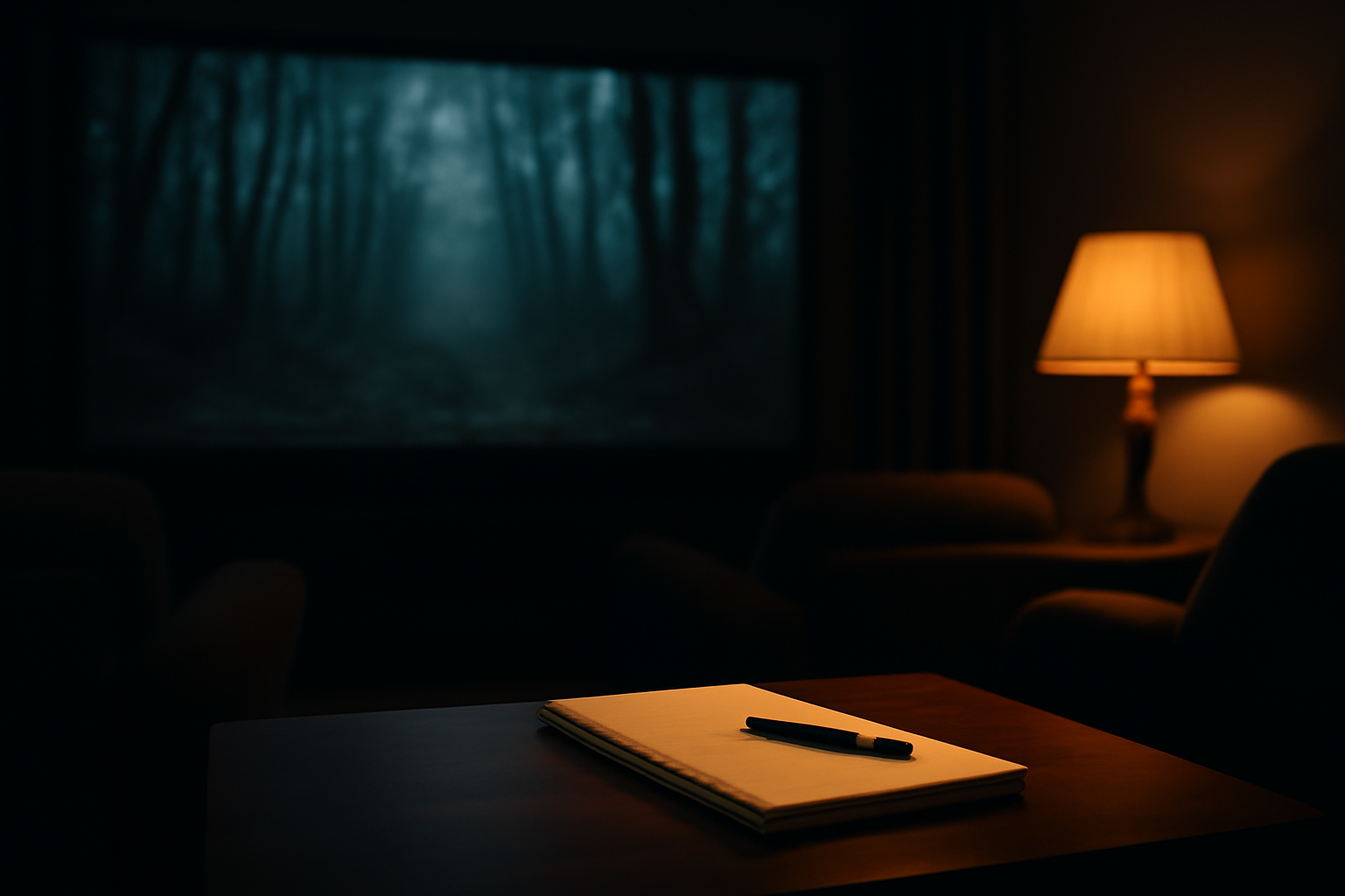 Ruangan menonton film horor dengan buku catatan untuk menulis review