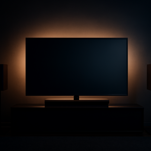 Ruangan nonton film dengan TV dan speaker untuk efek suara horor thriller