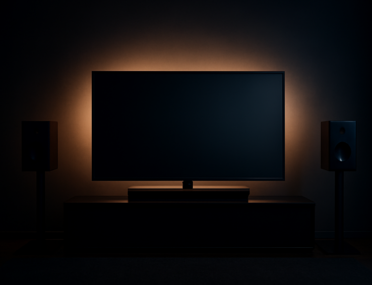 Ruangan nonton film dengan TV dan speaker untuk efek suara horor thriller