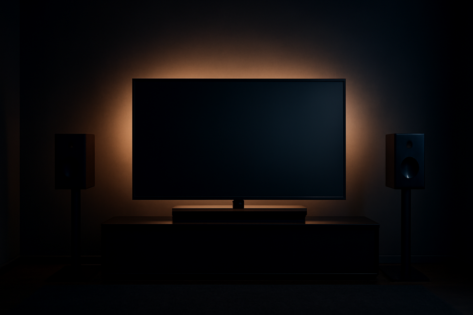 Ruangan nonton film dengan TV dan speaker untuk efek suara horor thriller