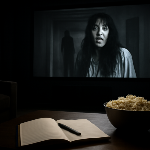 Ruangan bioskop rumahan dengan layar menampilkan film horor hitam putih dan buku catatan untuk menulis review