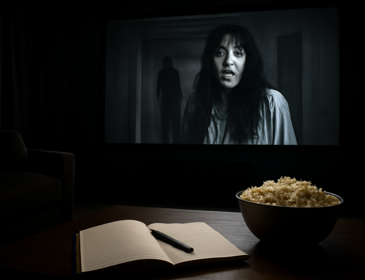 Ruangan bioskop rumahan dengan layar menampilkan film horor hitam putih dan buku catatan untuk menulis review