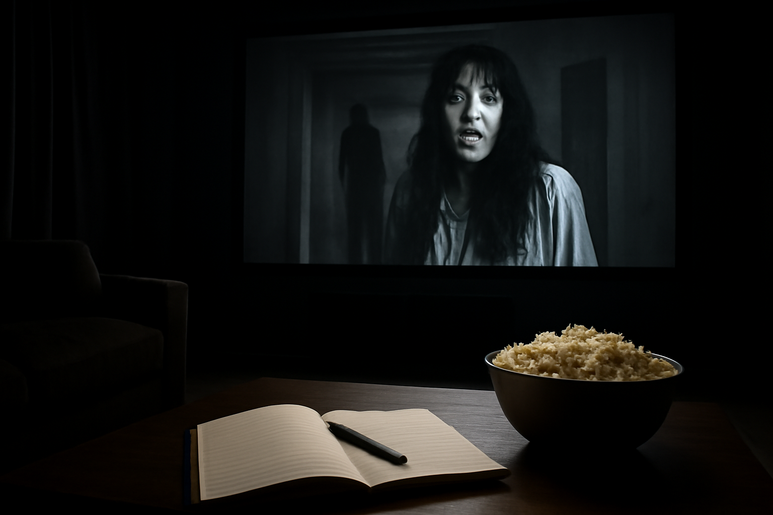 Ruangan bioskop rumahan dengan layar menampilkan film horor hitam putih dan buku catatan untuk menulis review