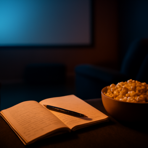 Ruangan nonton gelap dengan buku catatan dan popcorn untuk menilai film horor
