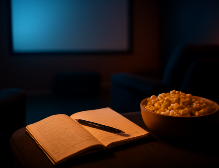 Ruangan nonton gelap dengan buku catatan dan popcorn untuk menilai film horor