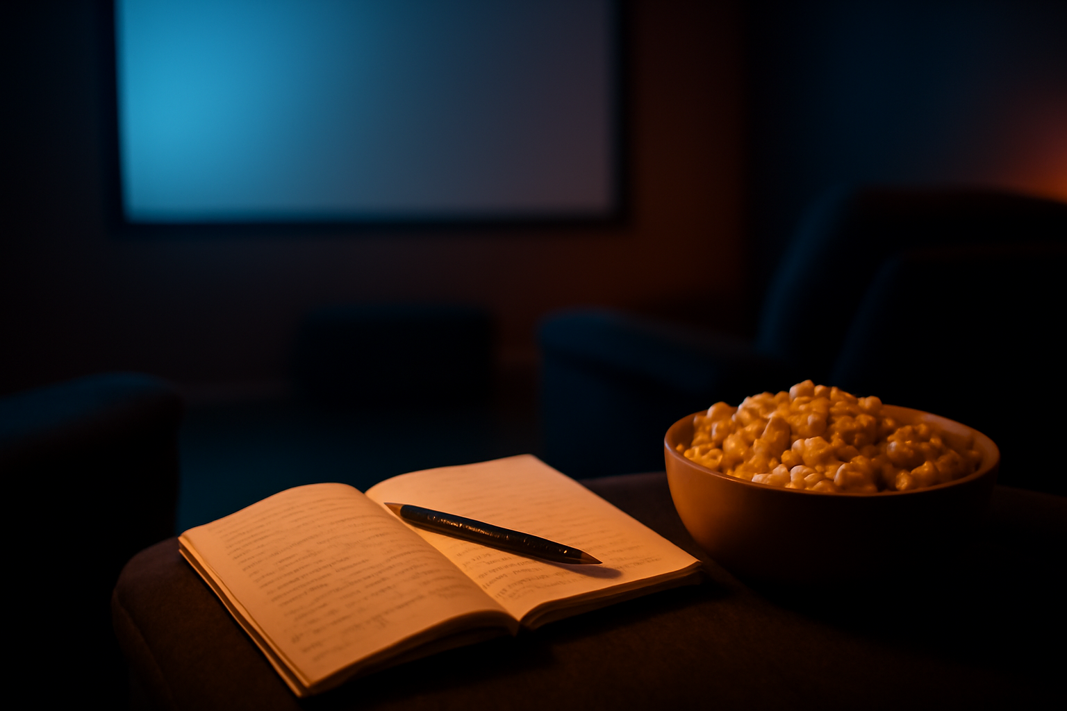 Ruangan nonton gelap dengan buku catatan dan popcorn untuk menilai film horor