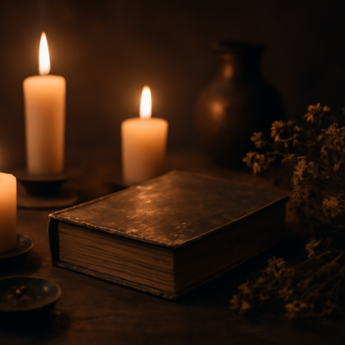 Meja kayu dengan lilin dan buku tua bernuansa ritual horor