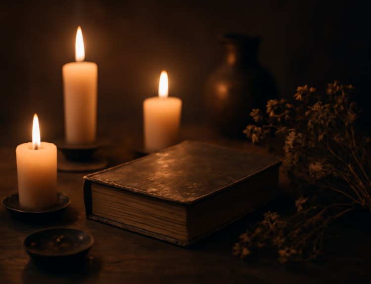 Meja kayu dengan lilin dan buku tua bernuansa ritual horor