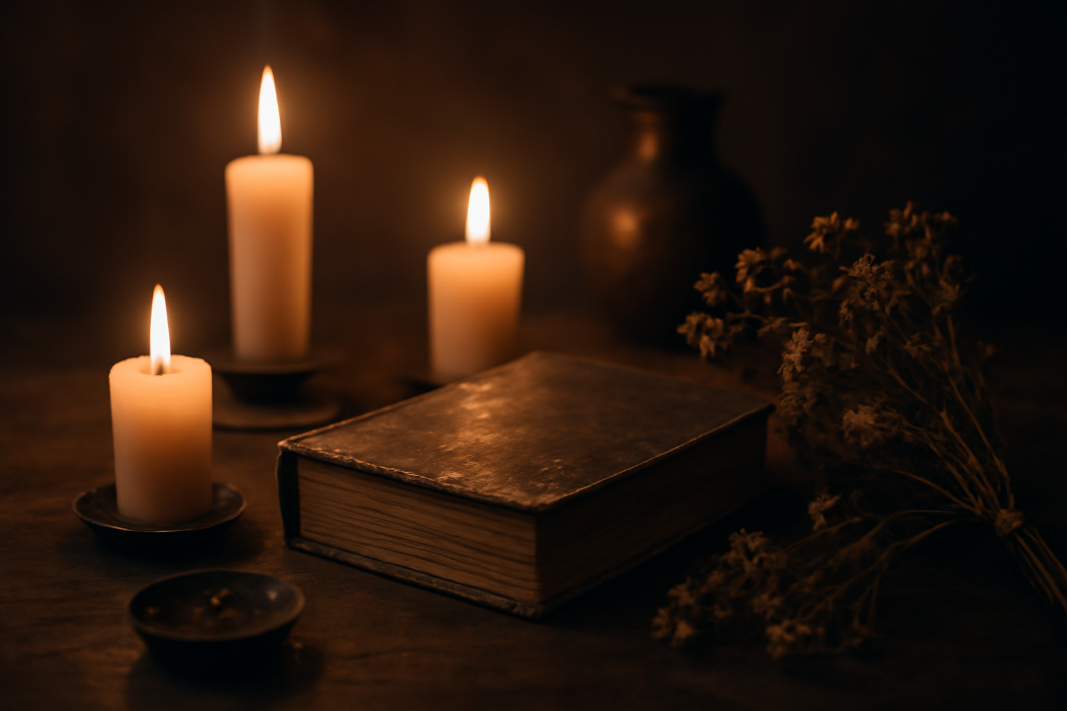 Meja kayu dengan lilin dan buku tua bernuansa ritual horor