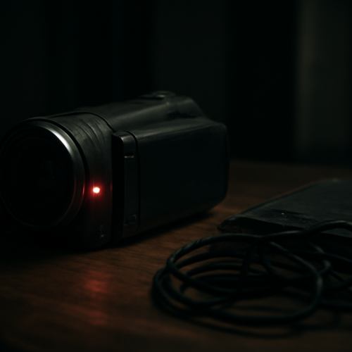 Kamera genggam dengan lampu rekam menyala di ruangan gelap, menggambarkan gaya film horor found footage