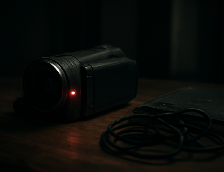 Kamera genggam dengan lampu rekam menyala di ruangan gelap, menggambarkan gaya film horor found footage