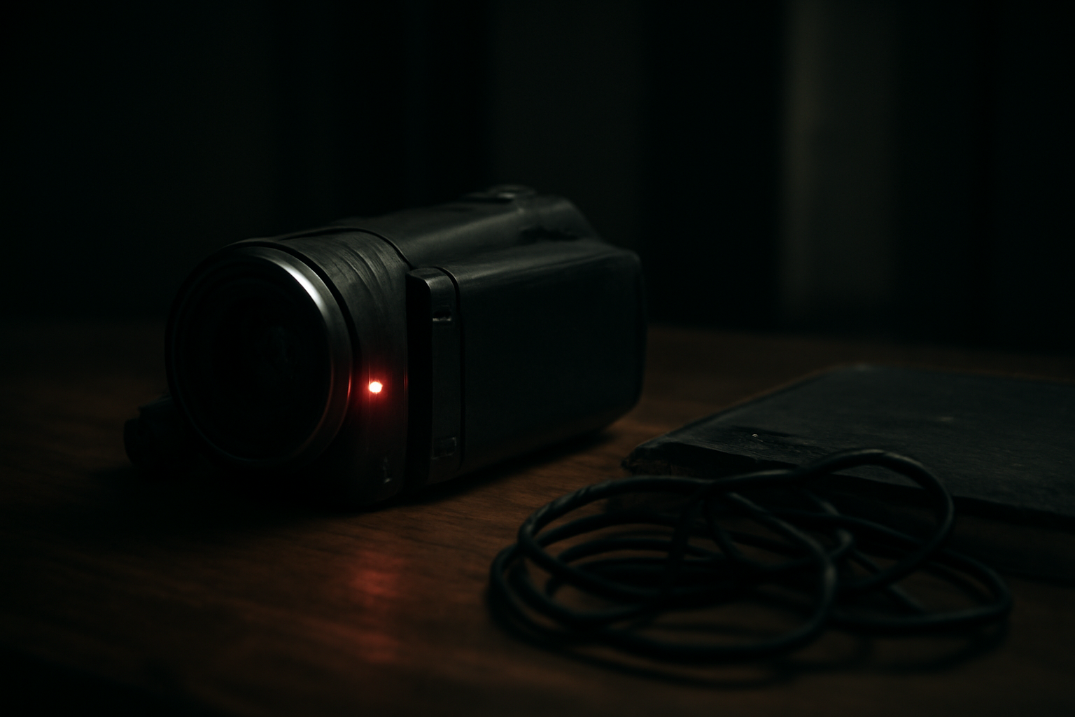 Kamera genggam dengan lampu rekam menyala di ruangan gelap, menggambarkan gaya film horor found footage