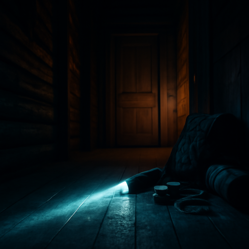 Lorong kabin gelap dengan sorotan lampu senter dan perlengkapan bertahan hidup, menggambarkan suasana survival horror