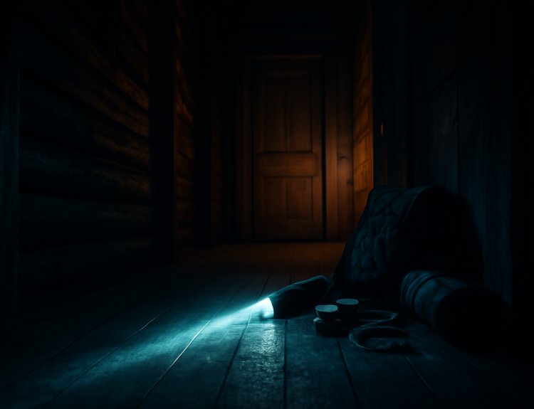 Lorong kabin gelap dengan sorotan lampu senter dan perlengkapan bertahan hidup, menggambarkan suasana survival horror