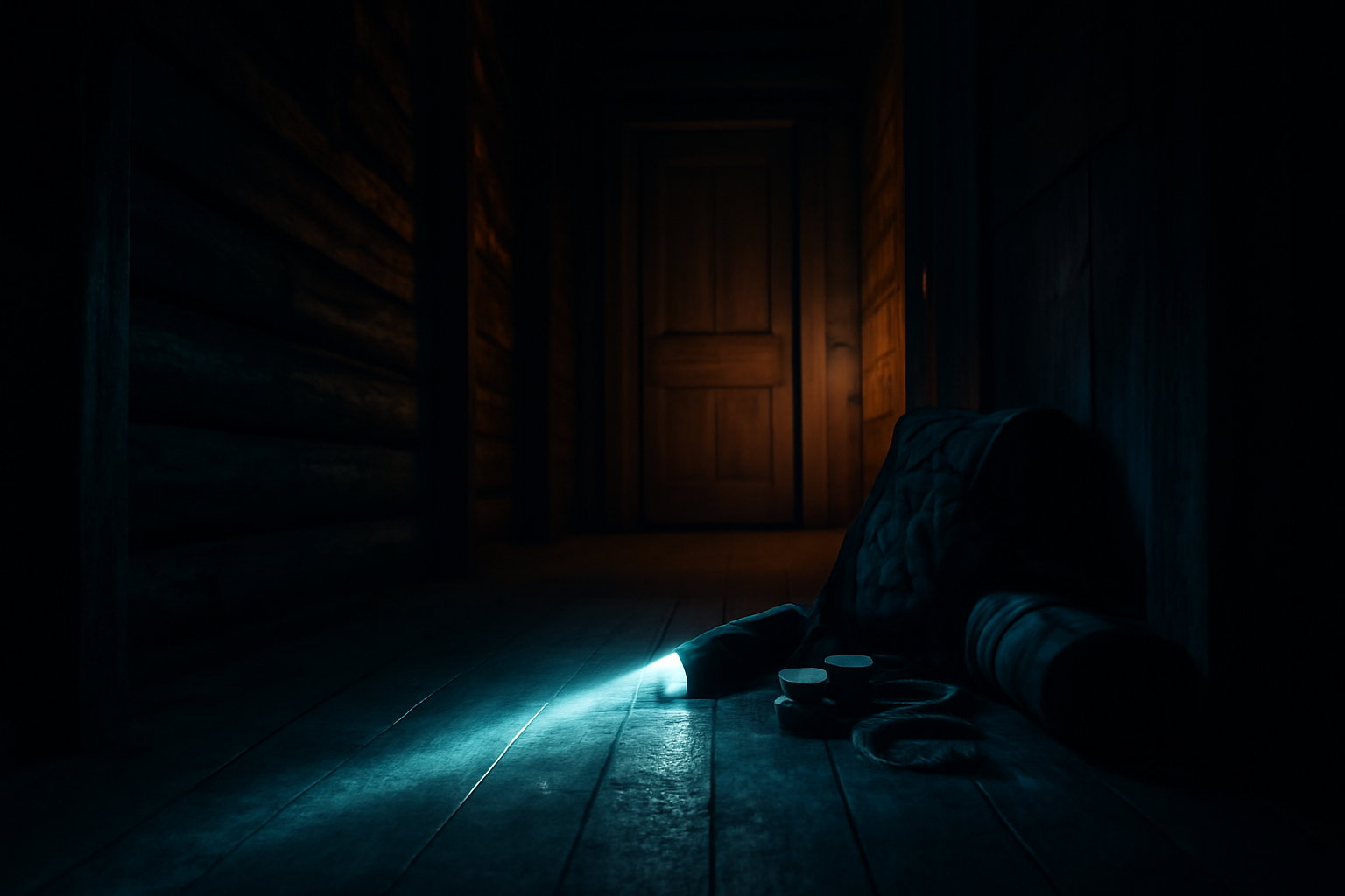 Lorong kabin gelap dengan sorotan lampu senter dan perlengkapan bertahan hidup, menggambarkan suasana survival horror