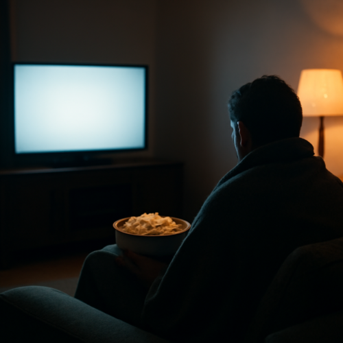 Seseorang menonton film horor di ruang tamu dengan lampu redup dan semangkuk popcorn.