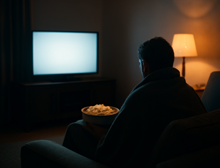 Seseorang menonton film horor di ruang tamu dengan lampu redup dan semangkuk popcorn.