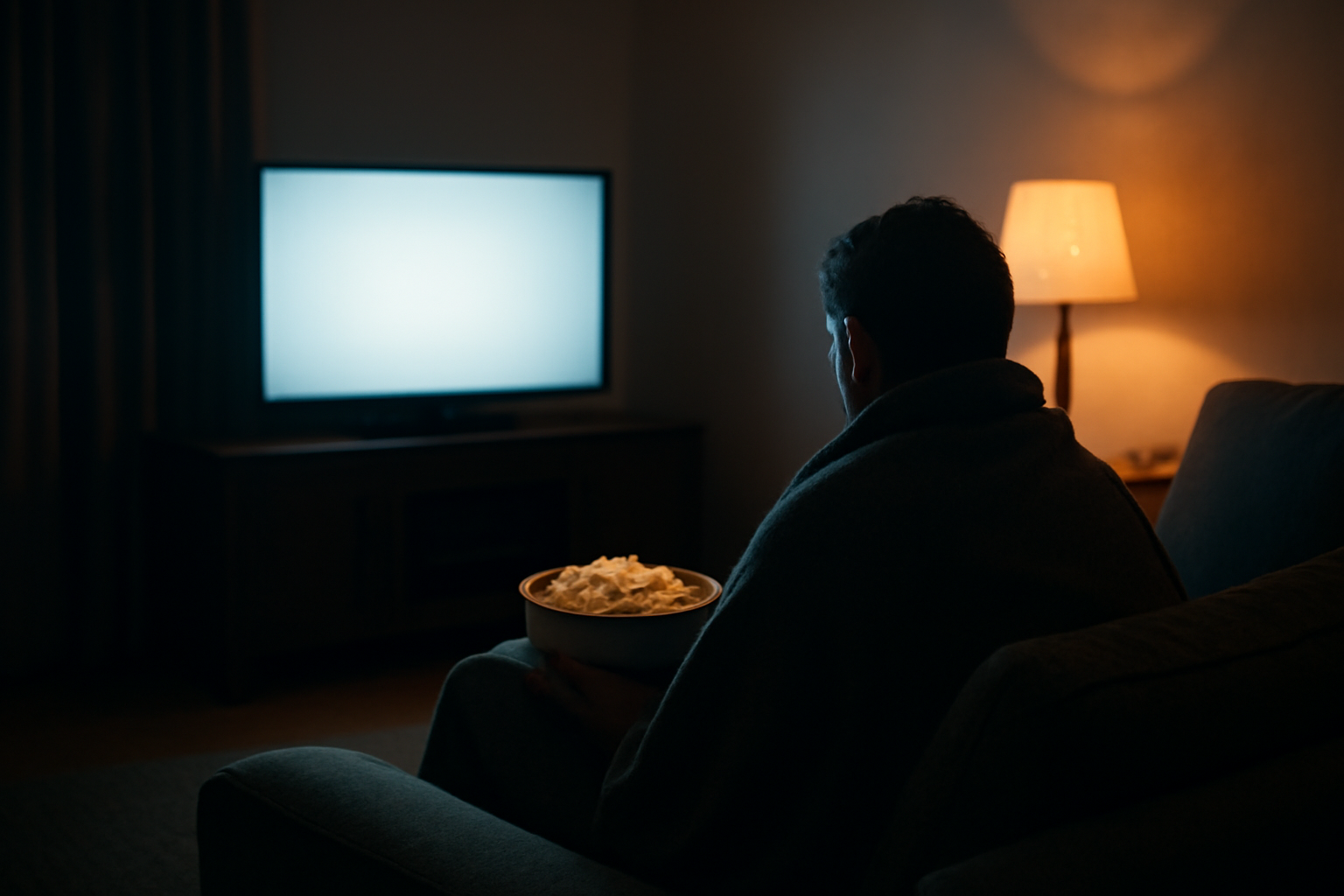 Seseorang menonton film horor di ruang tamu dengan lampu redup dan semangkuk popcorn.