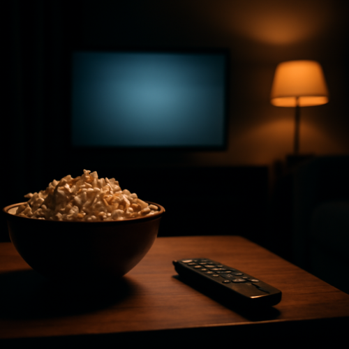 Ruang tamu remang dengan televisi menyala dan semangkuk popcorn di meja, suasana menonton film horor