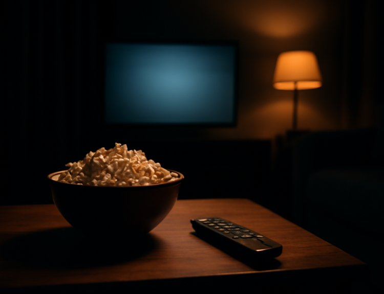 Ruang tamu remang dengan televisi menyala dan semangkuk popcorn di meja, suasana menonton film horor