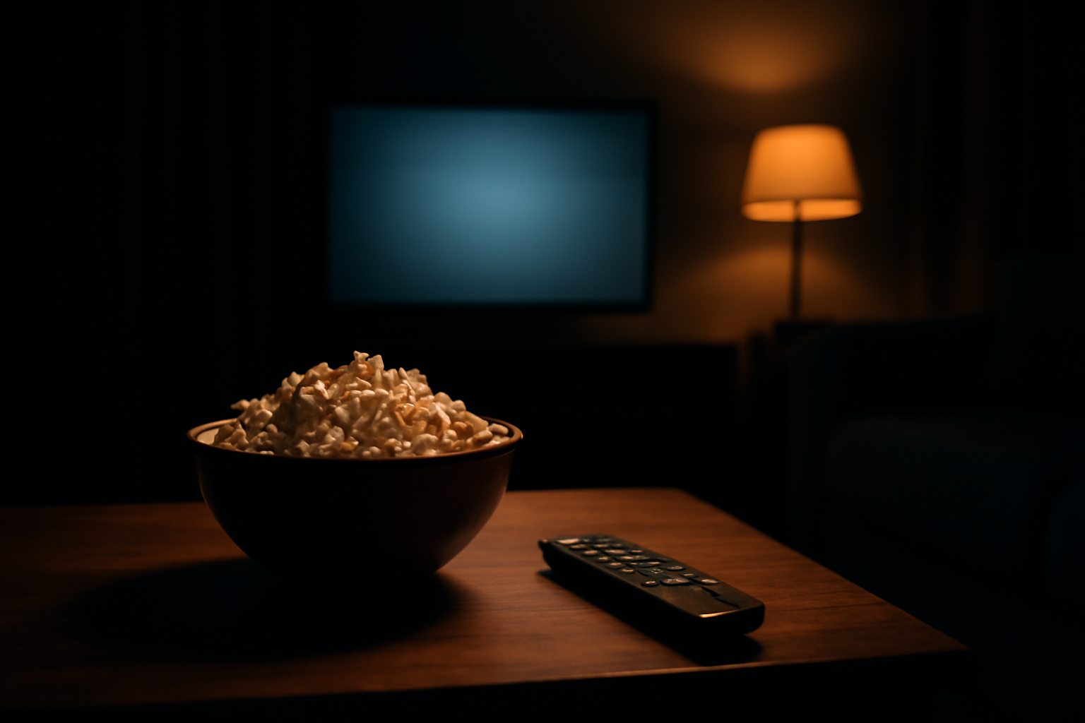 Ruang tamu remang dengan televisi menyala dan semangkuk popcorn di meja, suasana menonton film horor