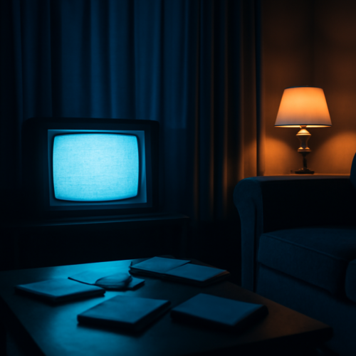 Ruangan gelap dengan televisi menyala untuk menonton thriller psikologis