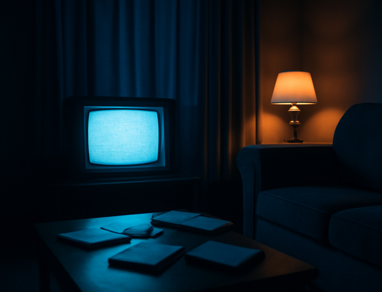 Ruangan gelap dengan televisi menyala untuk menonton thriller psikologis