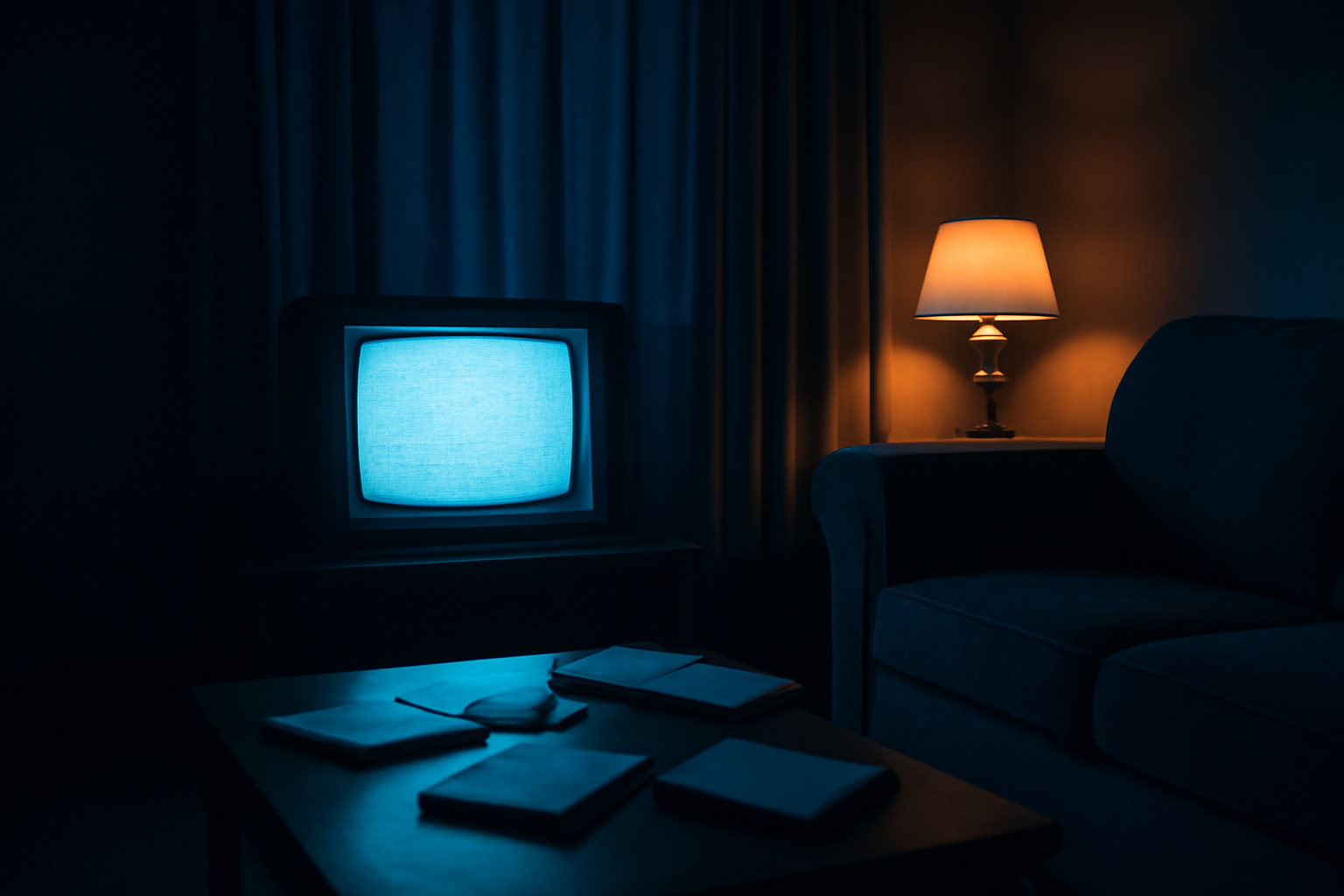 Ruangan gelap dengan televisi menyala untuk menonton thriller psikologis